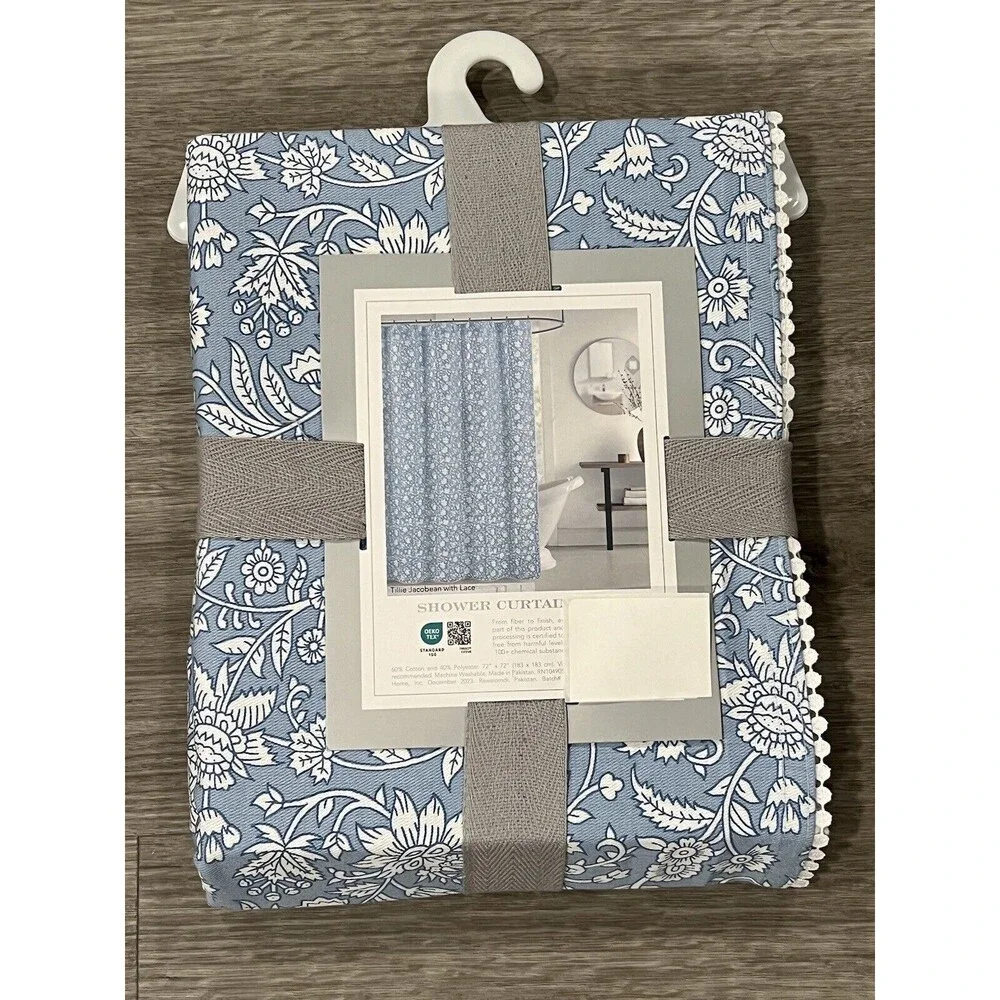 Rachel Ashwell Tillie Jacobean With Lace Fabric Shower Curtain Blue Floral New